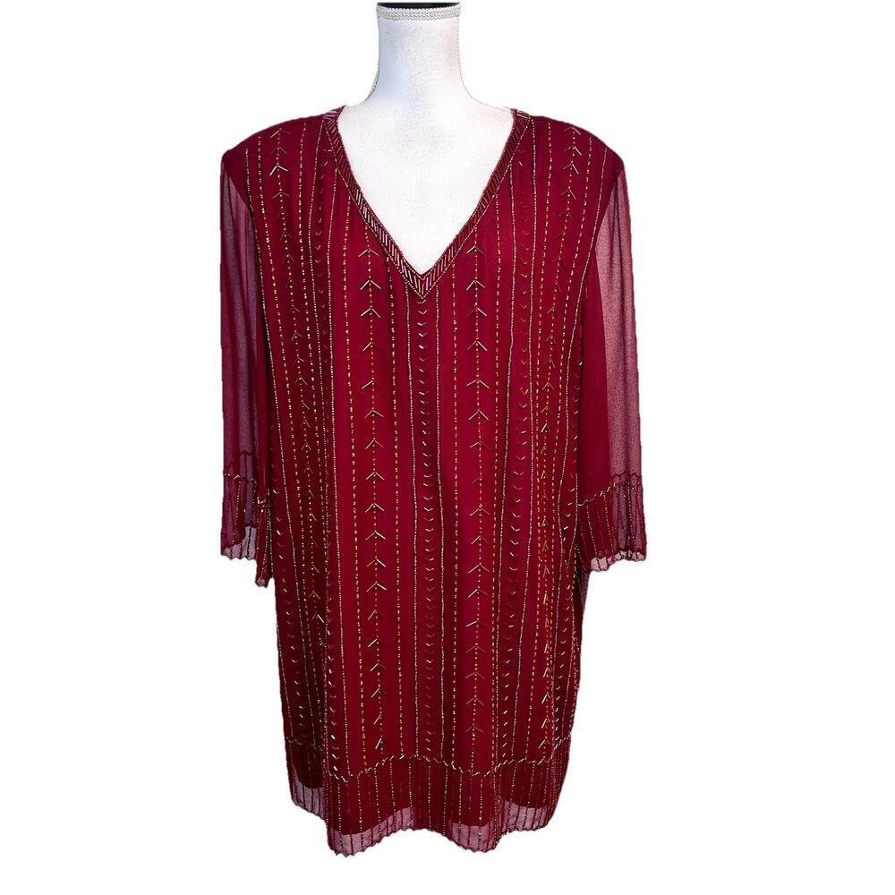 Brownstone Studio New York Blouse Plus sz 26W Dark Red Beaded Cocktail Wedding